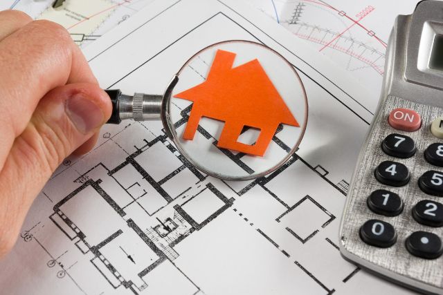 虫眼鏡で図面を見る人